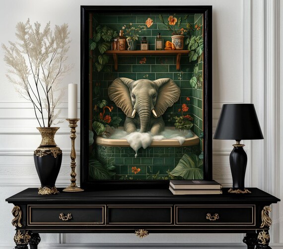 Funny Bathroom Elephant Poster Animal On Toilet Wall Art Gag Gift For Guest Quirky Decor White 236