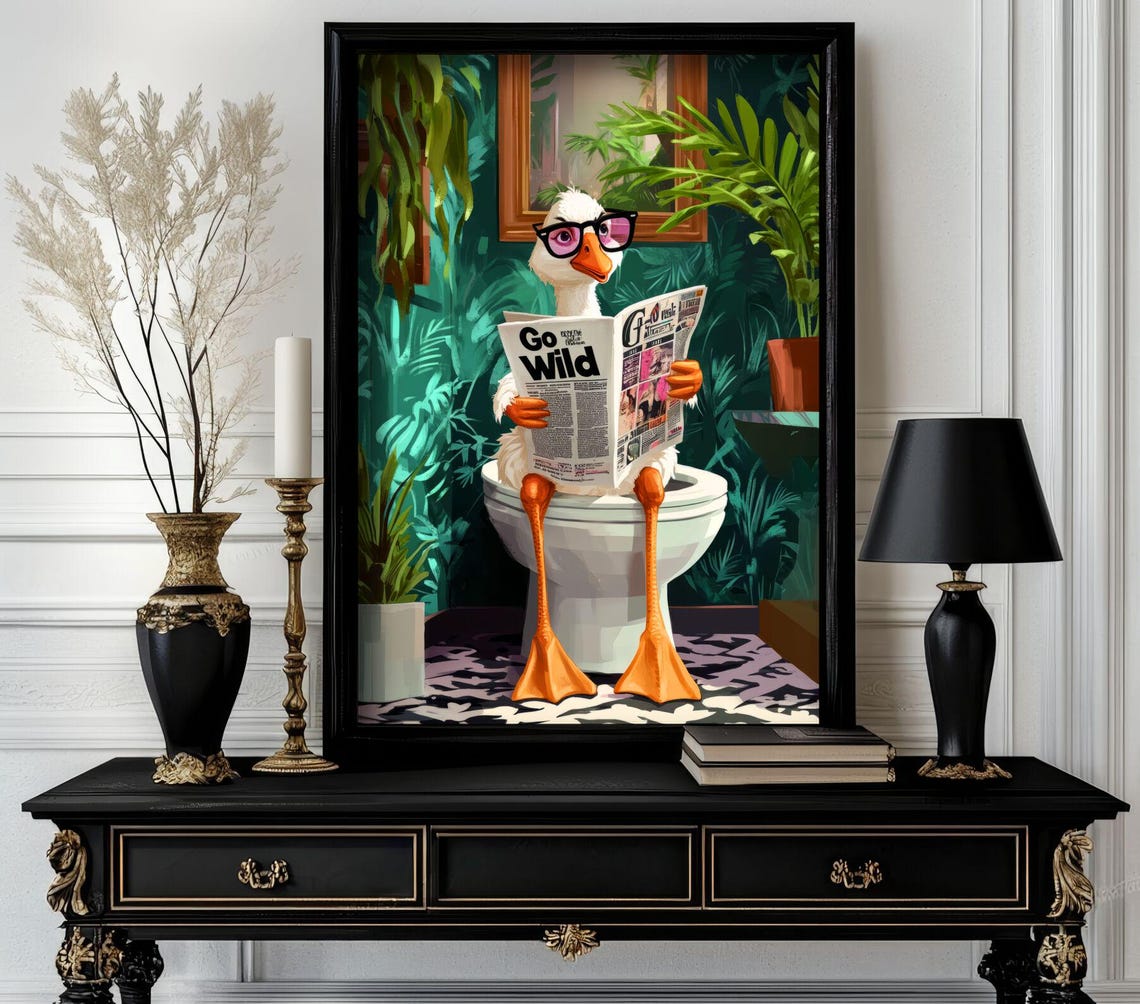 Duck with Glasses Reading Go Wild Newspaper Funny Toilet Poster