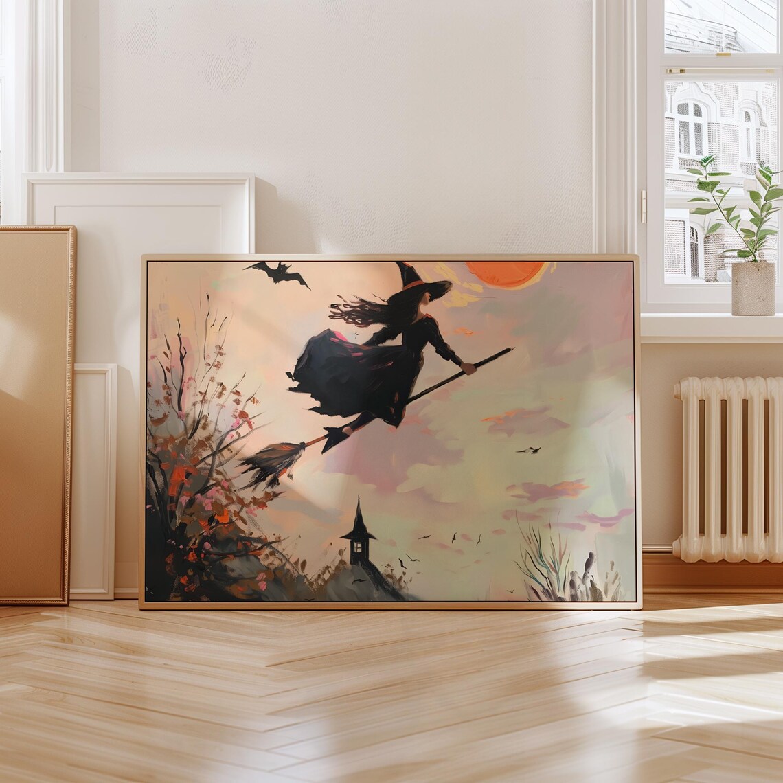 Witch Flying on Broomstick at Sunset Painting Vintage Halloween Night Sky Art Print - Image 4