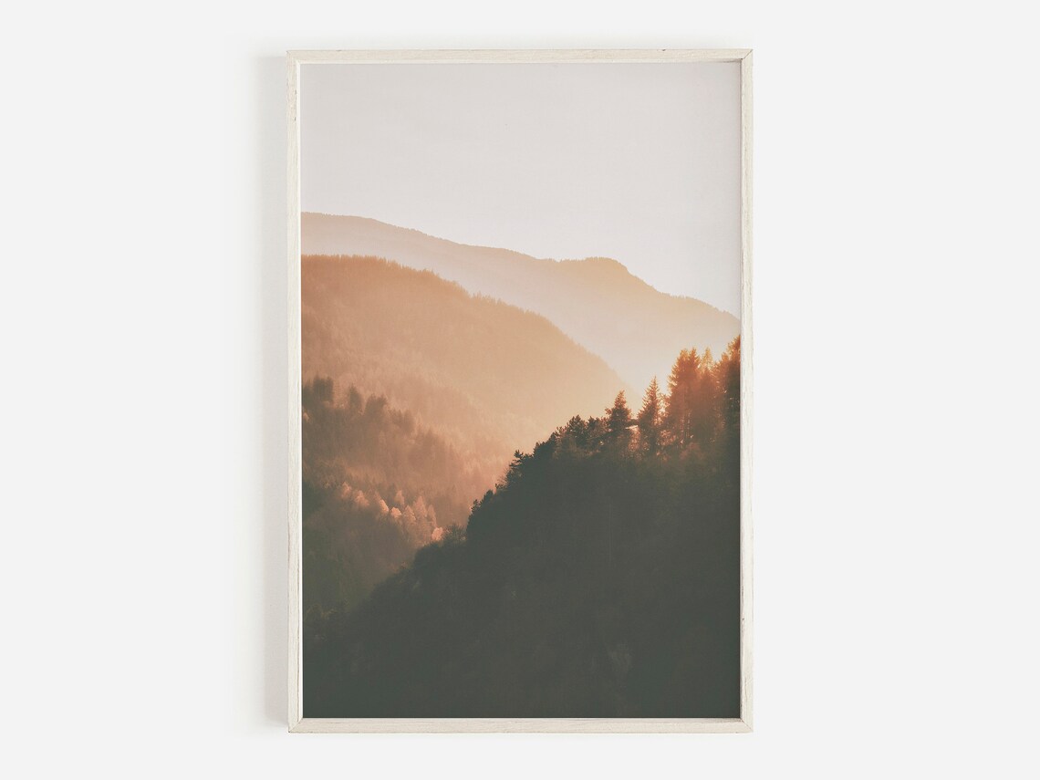 Sunrise Mountain Range Landscape Art Print, Rustic