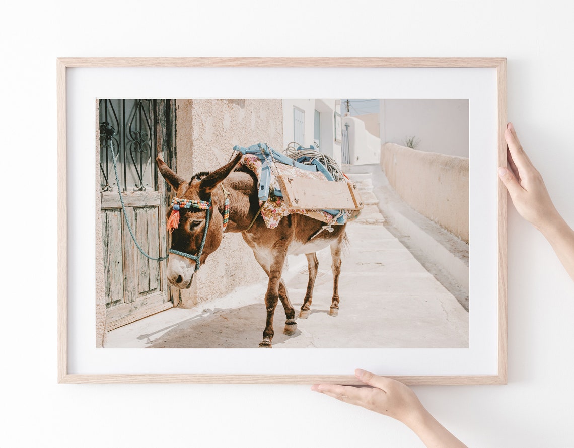 Santorini Greece Donkey With Saddle Whitewashed Street Travel Poster - Image 2
