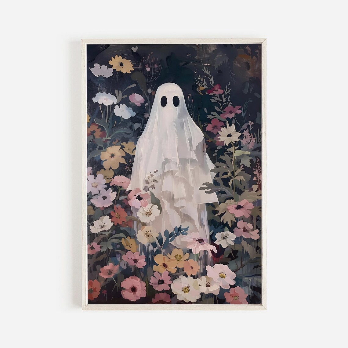Cute Ghost in Dark Flower Garden Painting Floral Halloween Wall Art Print