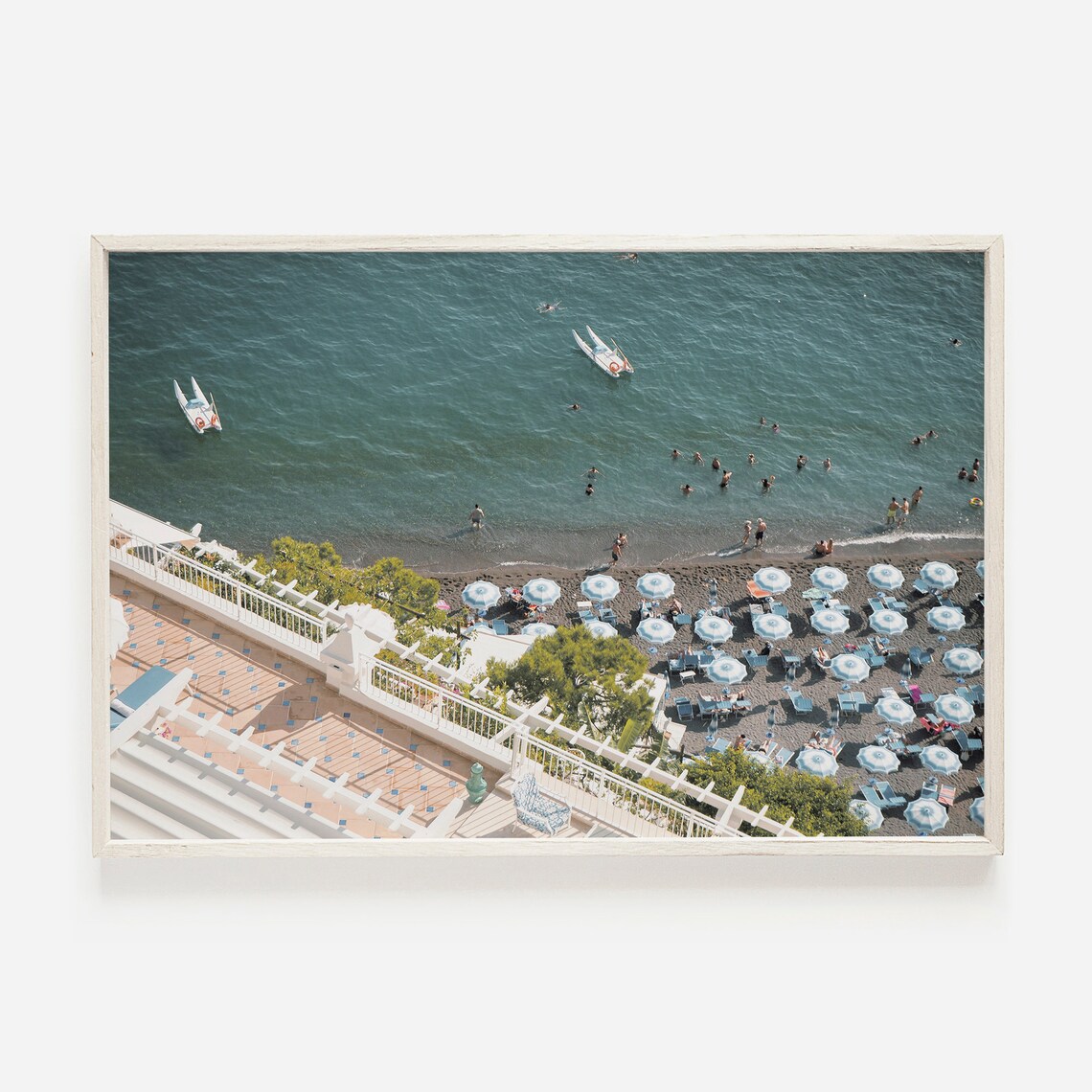 Italian Beach Club Aerial Blue White Umbrellas Shoreline View Poster