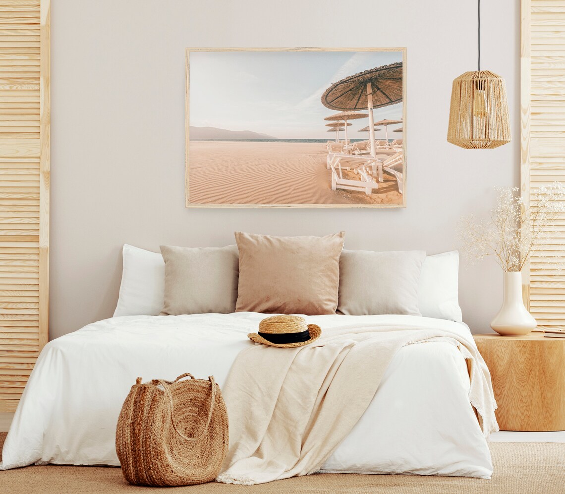 Greece Sandy Beach Straw Umbrellas Lounge Chairs Sea View Travel Poster - Image 3