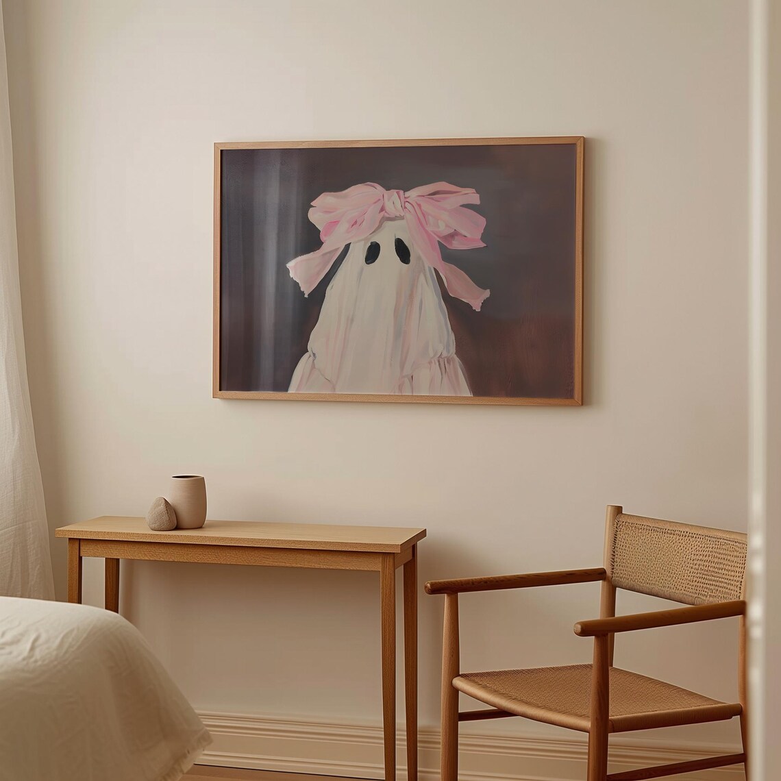 Pink Bow Ghost Painting Cute Spooky Sheet Ghost Pastel Halloween Art Print - Image 2