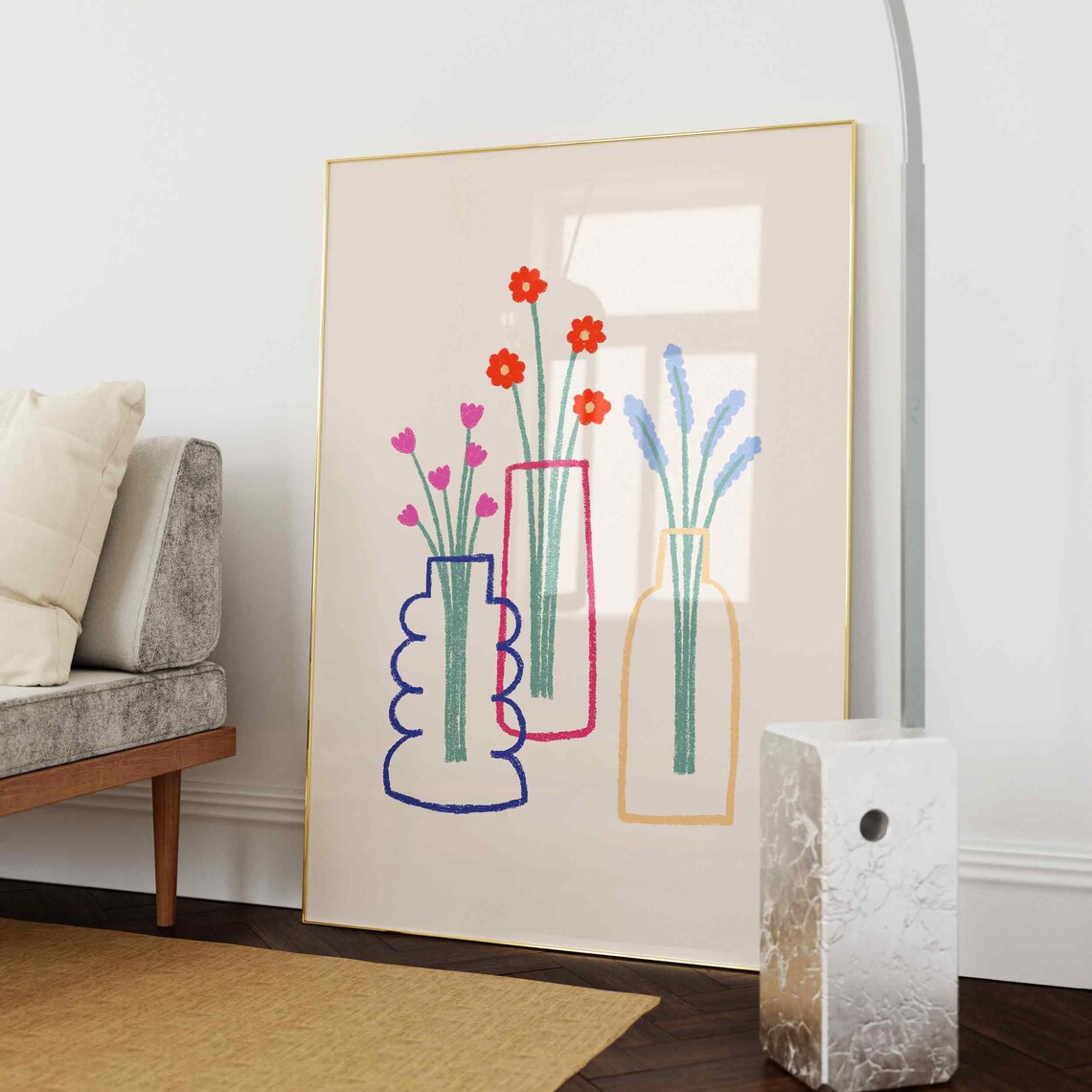 Retro Pastel Flower Vase Abstract Floral Art Print - Image 3