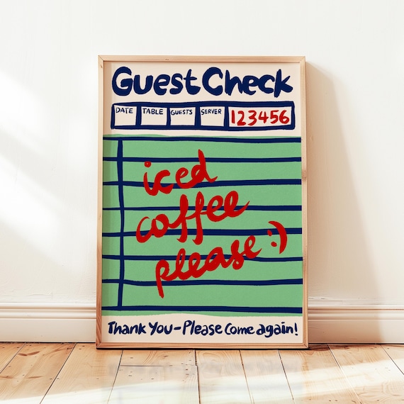 Guest Check Iced Coffee Please Retro Kitchen Typography Wall Art