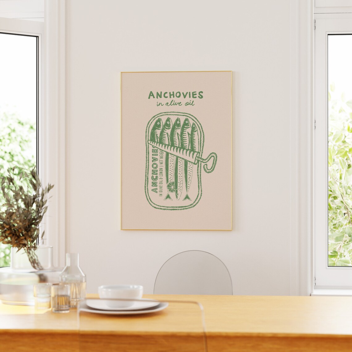 Anchovies In Olive Oil Tin Hand Drawn Green Retro Seafood Poster - Image 3
