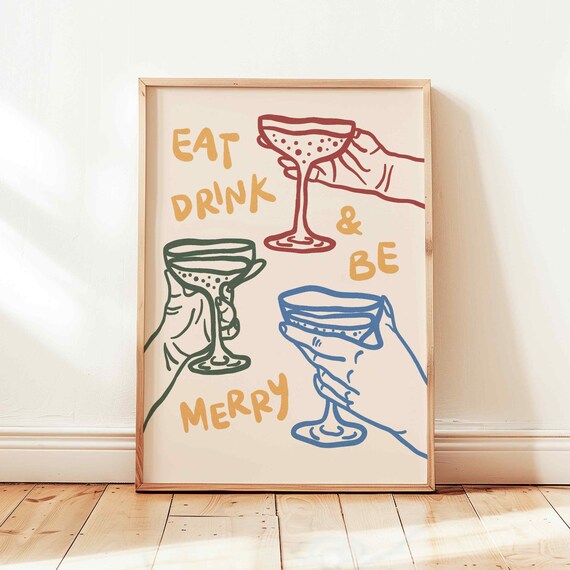 Eat Drink Be Merry Cheers Cocktail Glasses Festive Holiday Wall Art