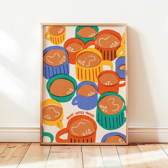 More Coffee Please Colorful Illustrated Mug Pattern Art Print