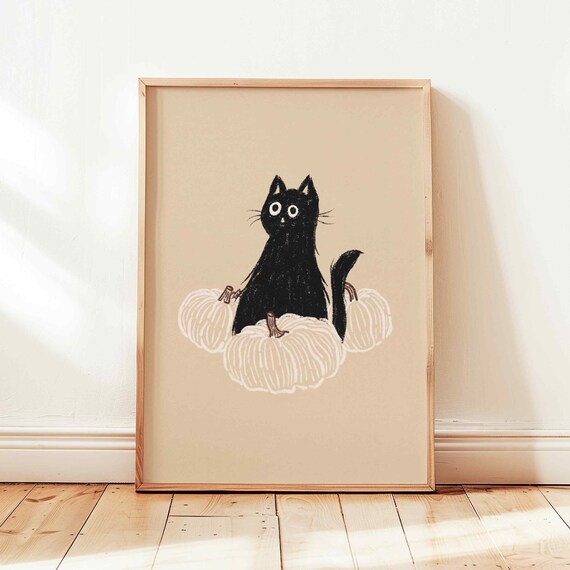 Cute Black Cat White Pumpkins Neutral Halloween Fall Wall Art