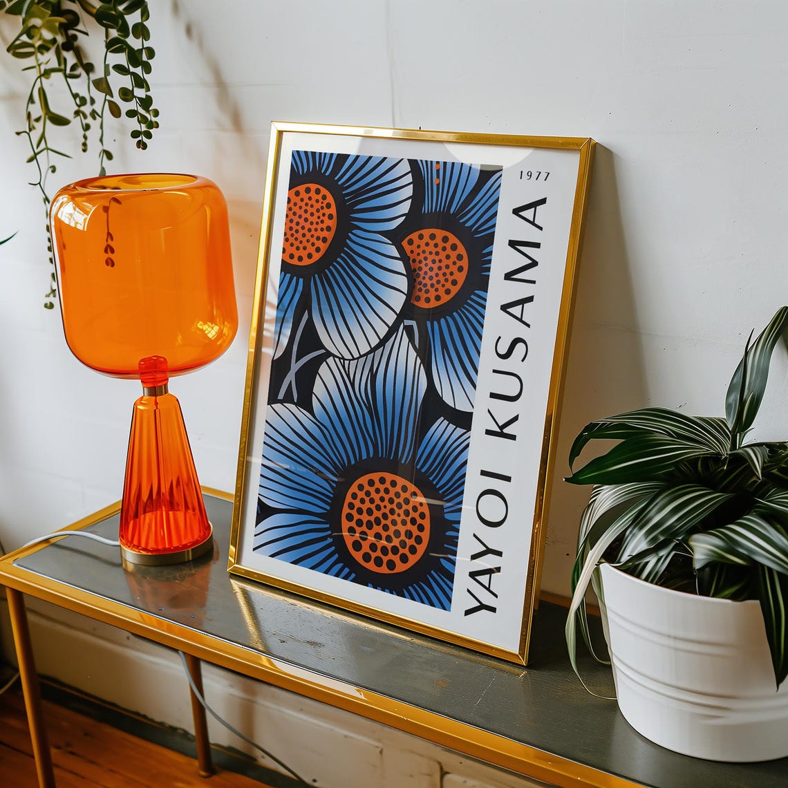 Yayoi Kusama 1977 Blue Flowers with Orange Dot Centers Poster - Image 2