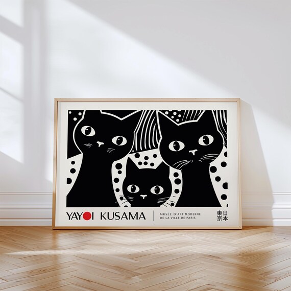 Yayoi Kusama Three Black Cats Dot Art Cute Paris Exhibition Style Poster