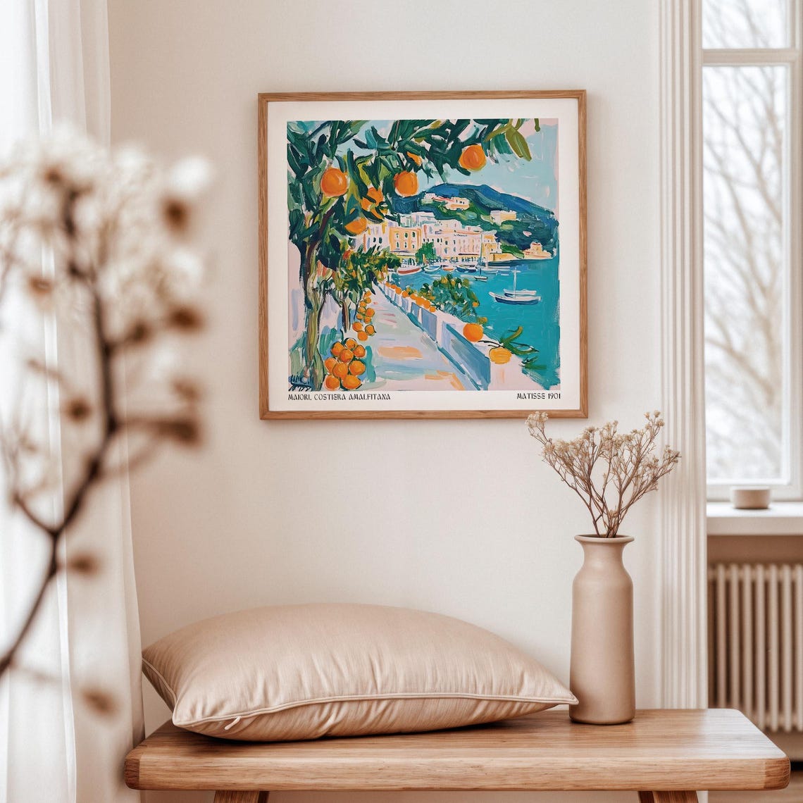 Art Prints Of Italy Coastal Amalfi Town With Oranges And Boats Painterly Travel Wall Art In Vibrant Mediterranean Colors Maiori Italian - Image 2