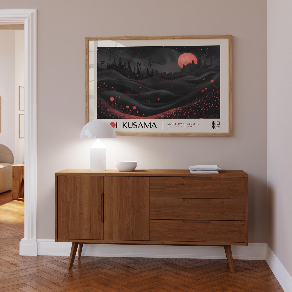 Red Moon Over Black Dunes Yayoi Kusama Museum Exhibition Poster - Image 2