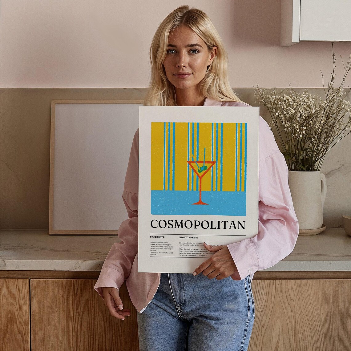 Cosmopolitan Cocktail Recipe Poster Retro Striped Yellow Blue - Image 2