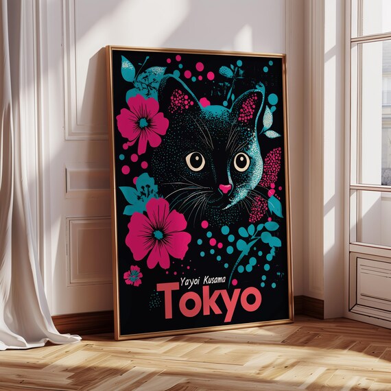 Yayoi Kusama Tokyo Black Cat Pink Flowers Neon Japanese Art Print