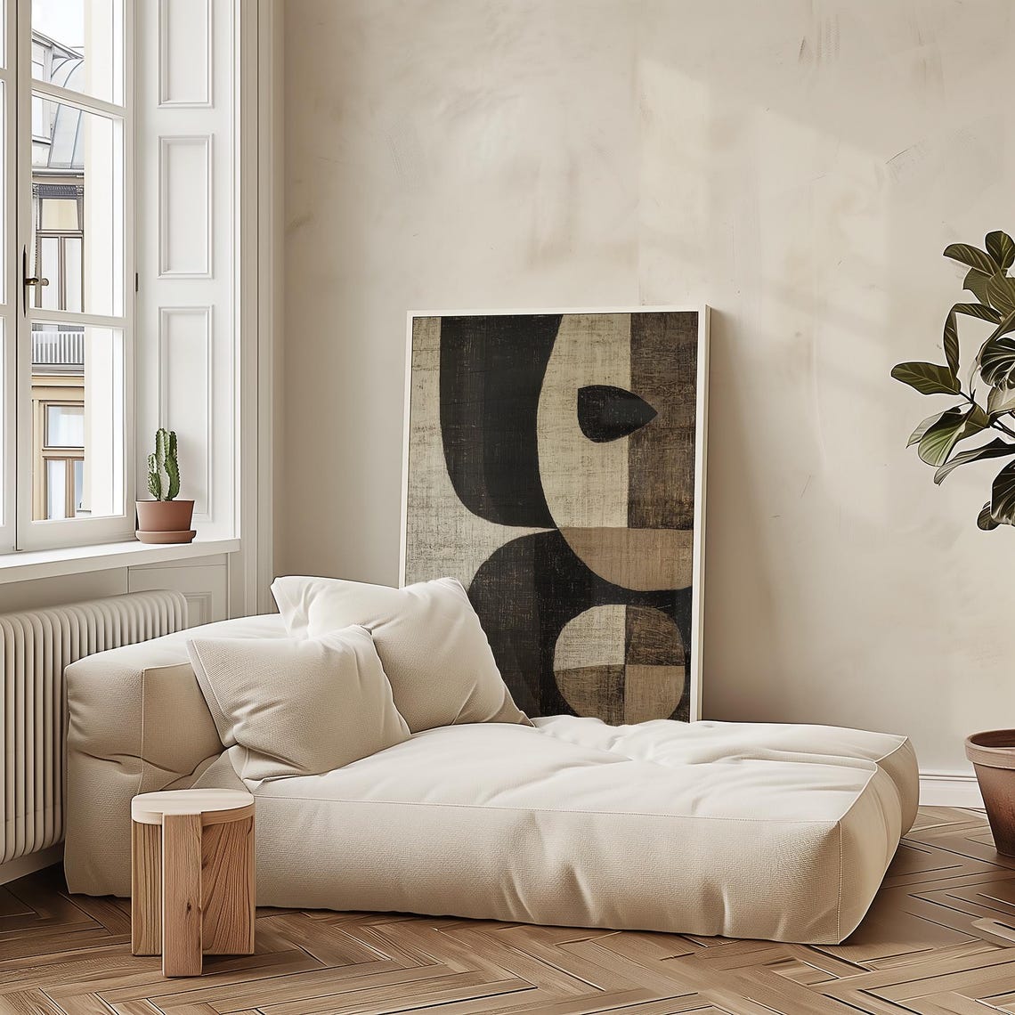 Curved Black Brown Geometric Shapes Beige Linen Modern Art Poster - Image 2