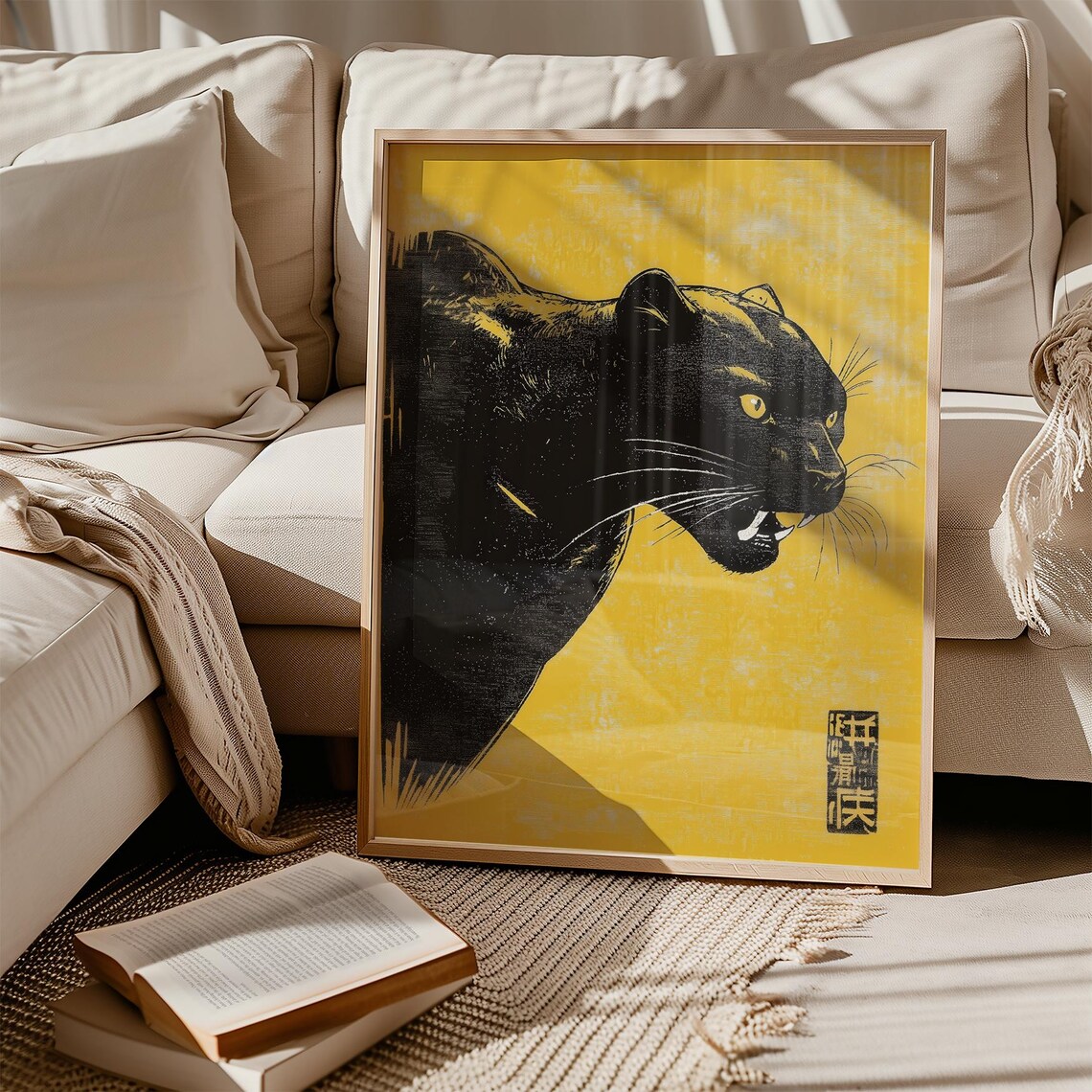 Black Panther Bold Yellow Japanese Woodblock Style Art Poster - Image 3