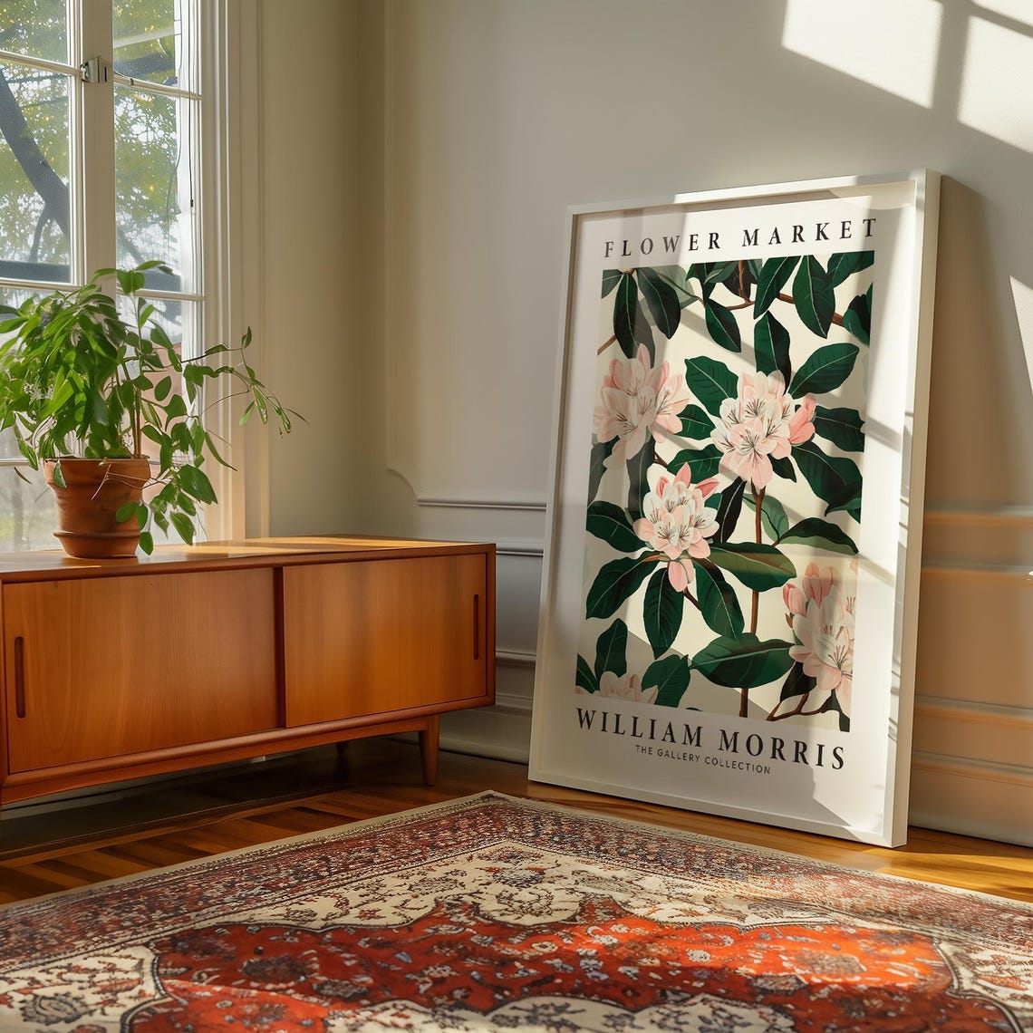 William Morris Flower Market Pink Rhododendron Blossom Green Poster - Image 3