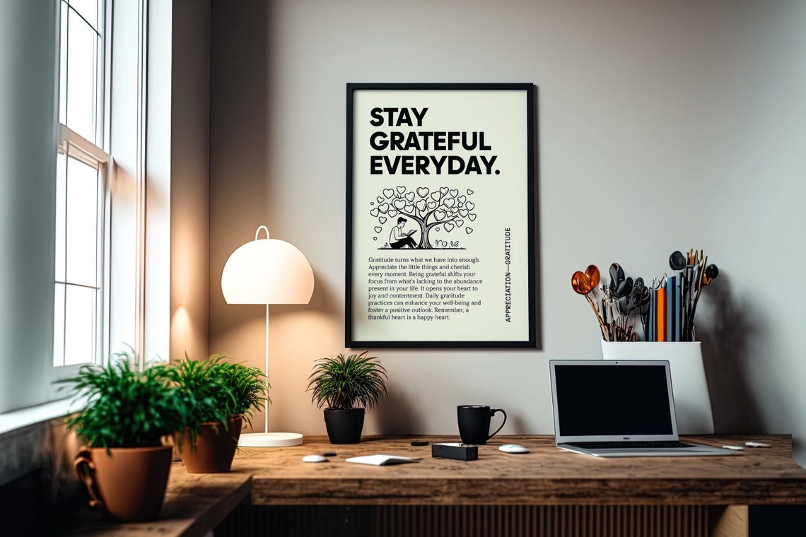 Stay Grateful Everyday Heart Tree Inspirational Quote Office Wall Art - Image 2