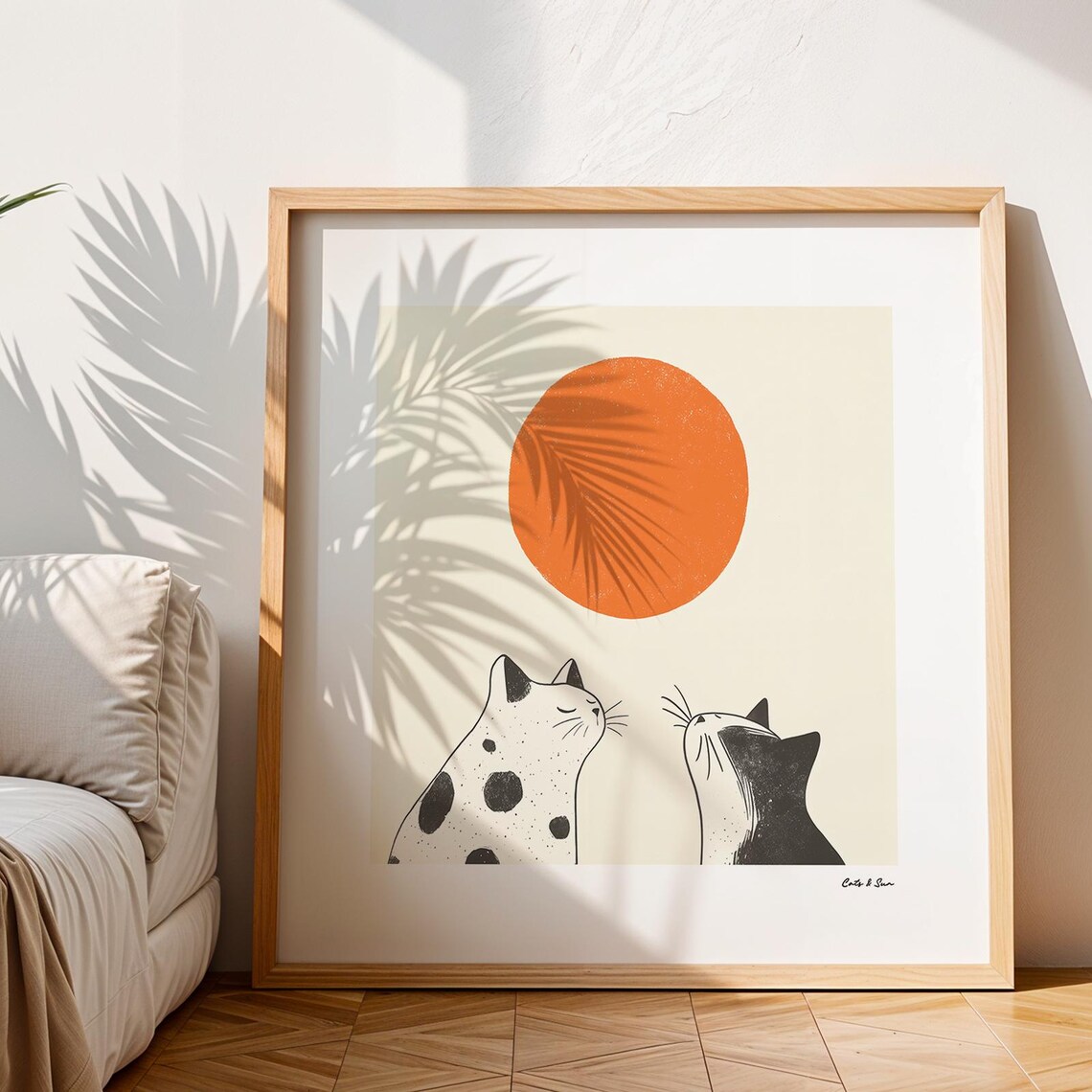 Two Sweet Cats Gazing Up at a Big Red Sun Minimalist Japanese Poster - Image 2