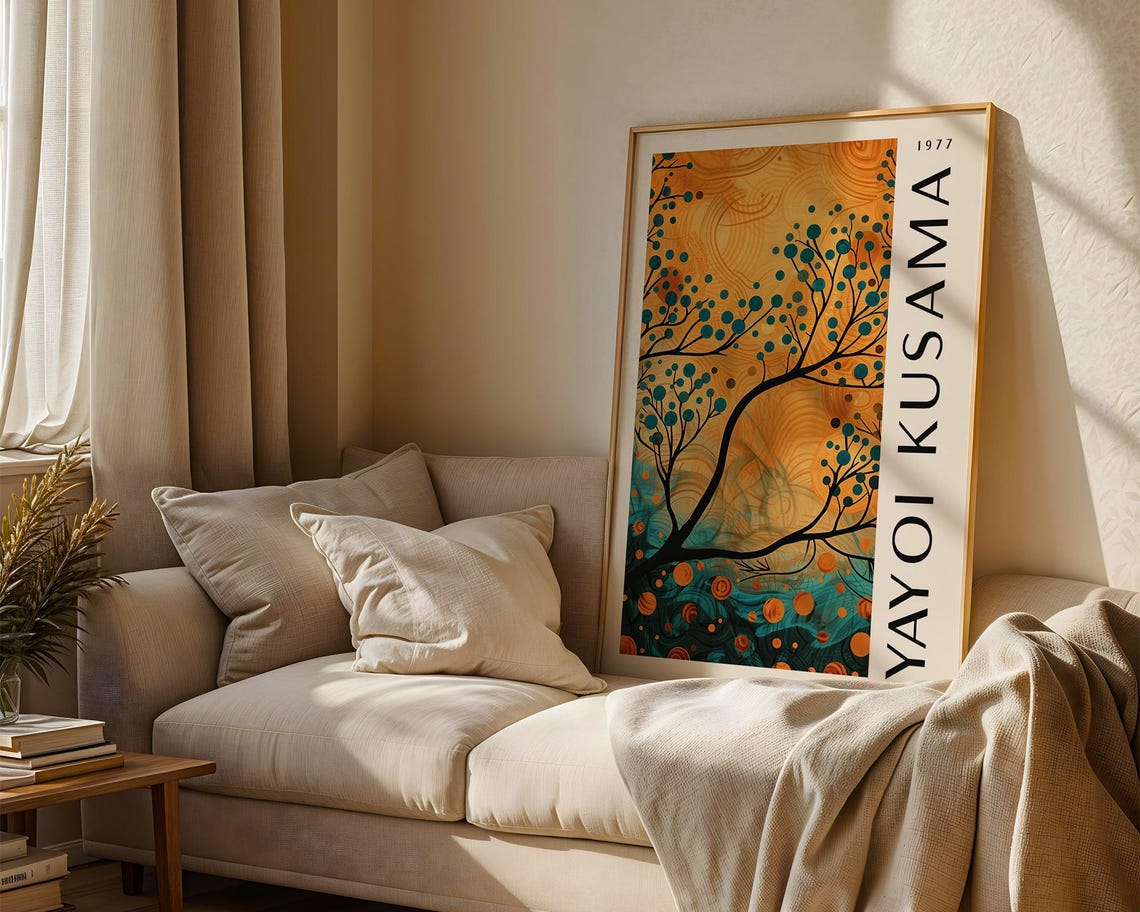 Yayoi Kusama 1977 Orange Teal Tree Silhouette Vertical Poster - Image 2