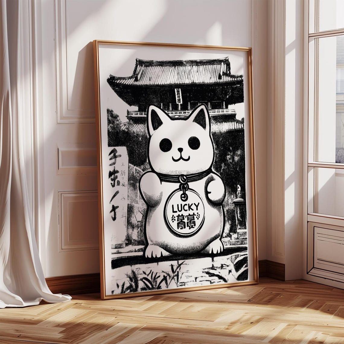 Lucky Cat Maneki Neko Black White Japanese Temple Fortune Poster