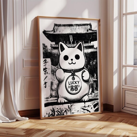 Lucky Cat Maneki Neko Black White Japanese Temple Fortune Poster