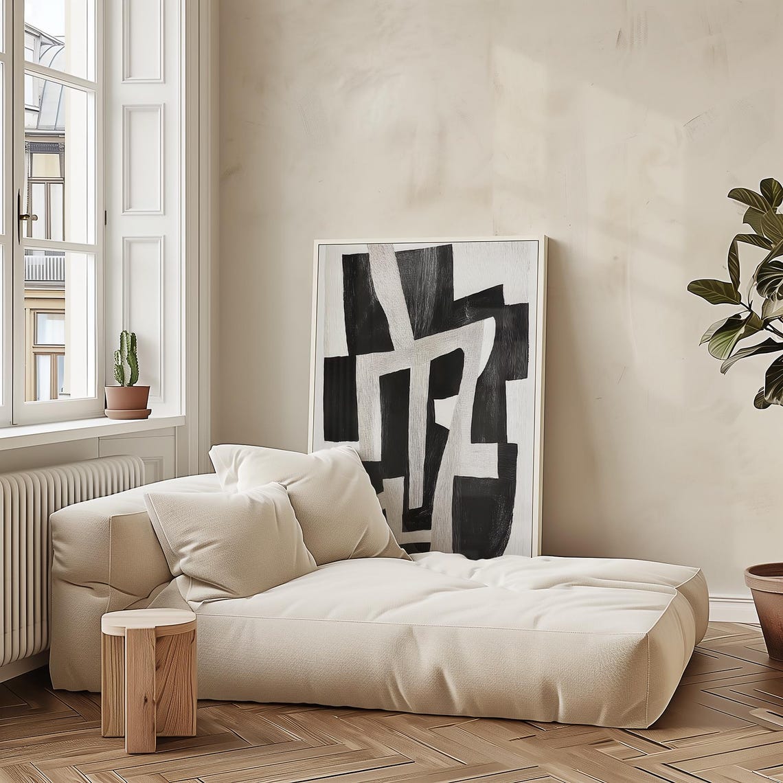 Bold Black and White Abstract Geometric Brushstroke Art Poster - Image 3