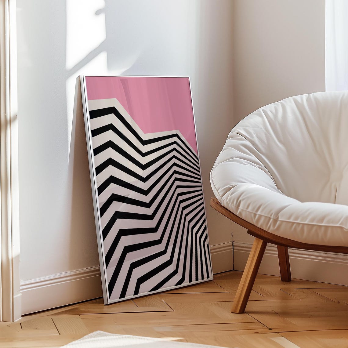 Pink Sky Black Zigzag Op Art Mountain Modern Geometric Poster - Image 3