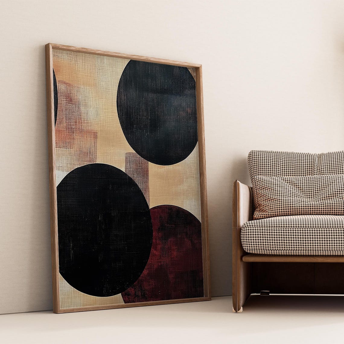 Bold Black and Red Circles on Textured Beige Modern Art Poster
