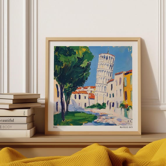 Leaning Tower Of Pisa Pictures Painterly Italian Cityscape With Bright Architecture And Blue Sky Matisse Inspired Pisa Print