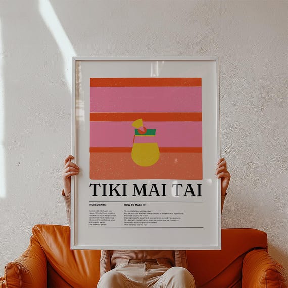 Bar Wall Art Tiki Mai Tai Cocktail Print Retro Tropical Drink Recipe Poster Colorful Illustration For Home Bar Kitchen Or Dining Room