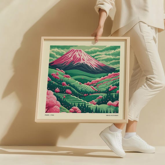 Yayoi Kusama Mount Fuji Print Japanese Art Cherry Blossom Landscape Modern Wall Decor For Living Room Bathroom Bedroom Square Art Print