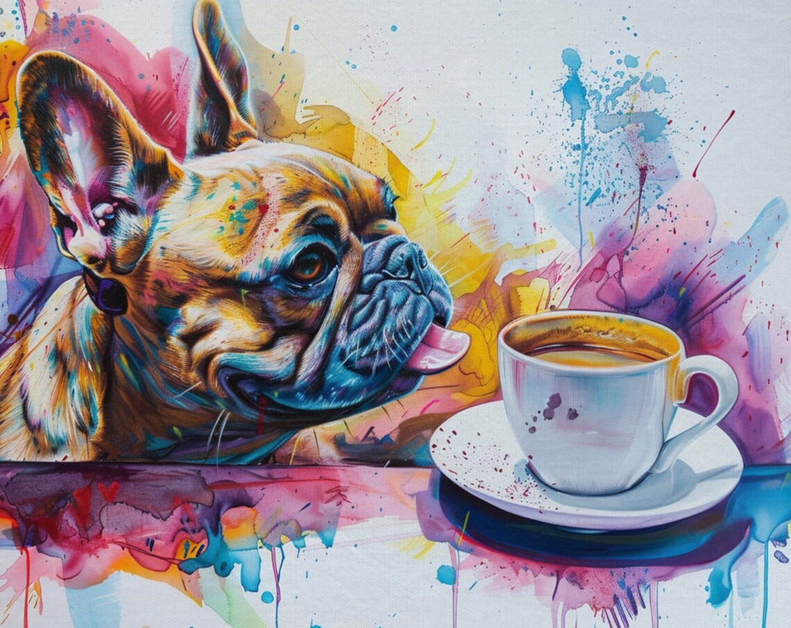 French Bulldog Eyeing Coffee Cup Tongue Out Watercolor Art Poster