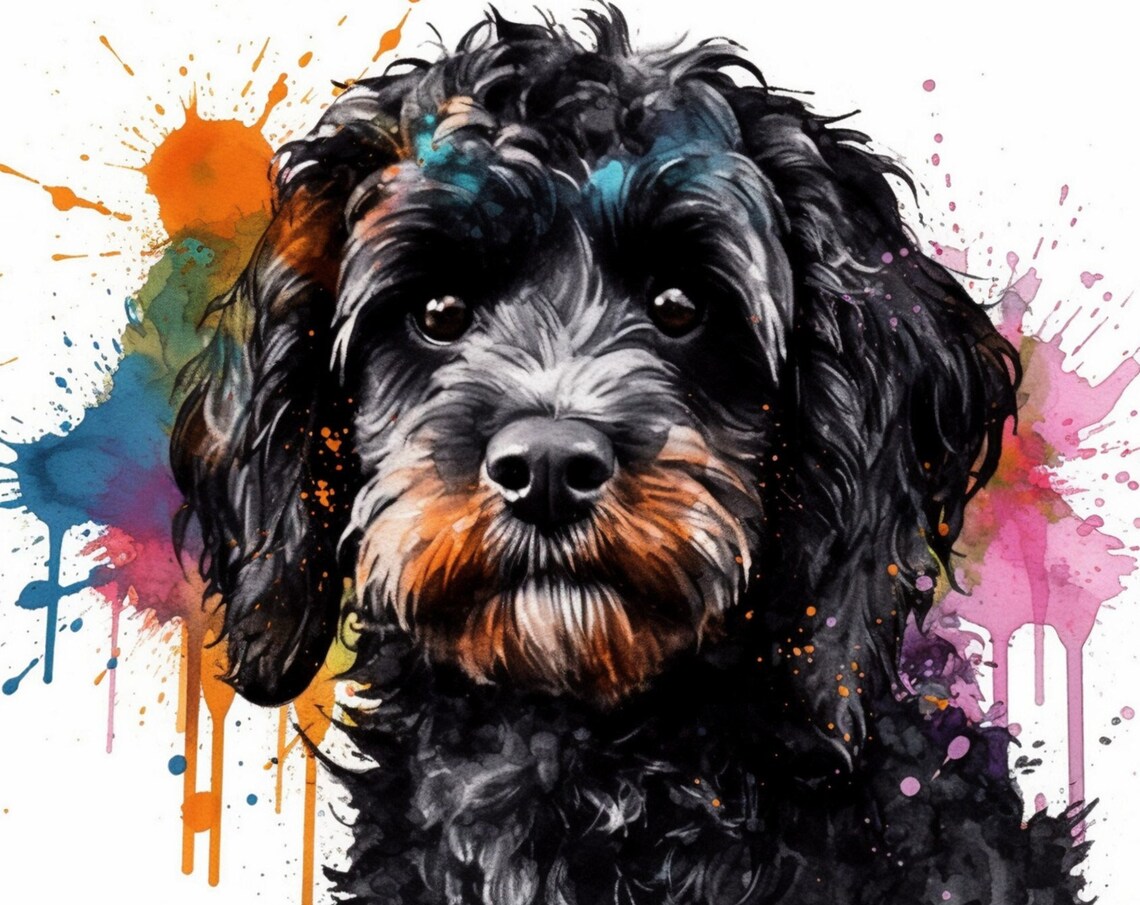 Black Cavapoo Paint Splash Poster Print, Watercolor Style