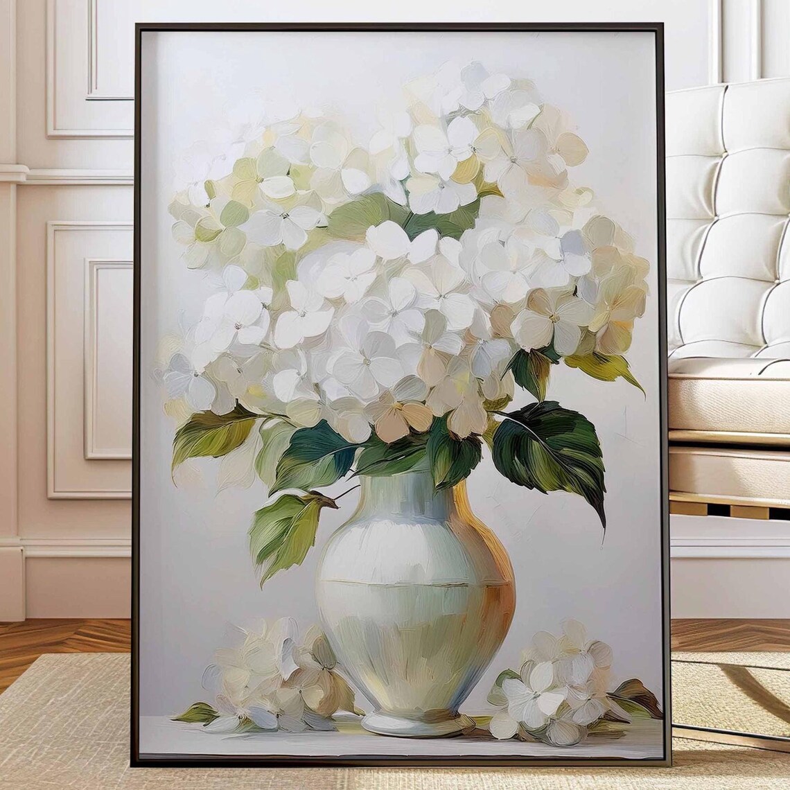 White Hydrangea Vase Farmhouse Neutral Pale Floral Watercolor Poster