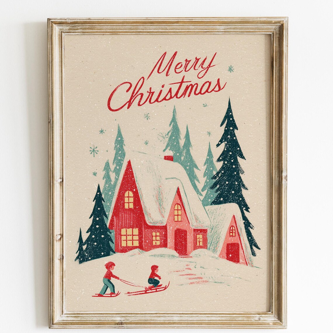 Merry Christmas Vintage Cabin Sled Retro Holiday Illustration Wall Print