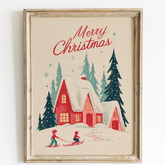 Merry Christmas Vintage Cabin Sled Retro Holiday Illustration Wall Print