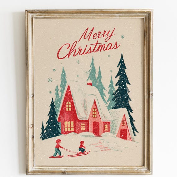 Vintage Merry Christmas Wall Art Retro Holiday Illustration Print Snowy Cottage Winter Scene Decor Midcentury Artwork