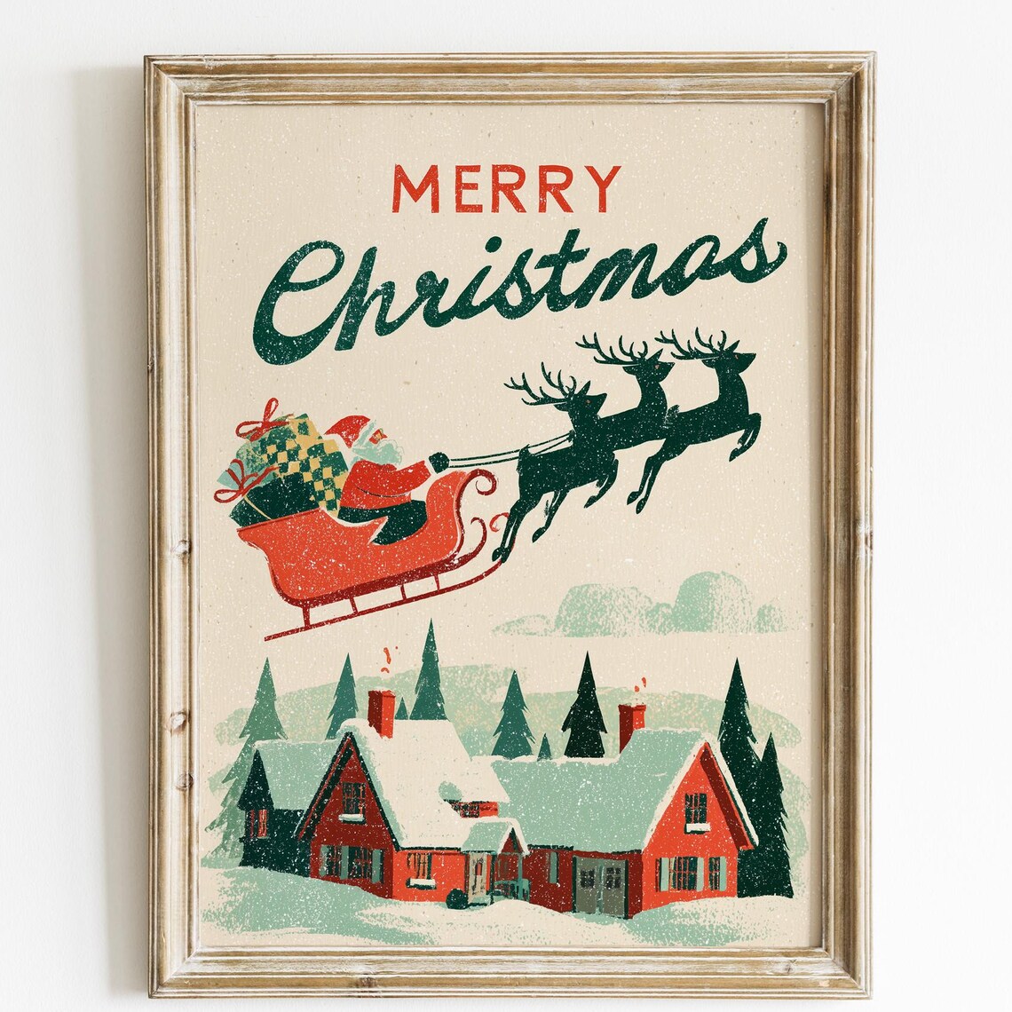 Vintage Santa Sleigh Christmas Poster, Midcentury Retro
