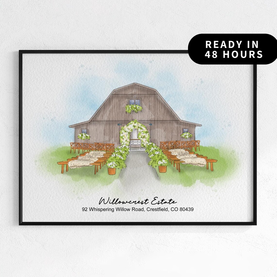 Minimal Watercolor Wedding Venue Portrait Art Print