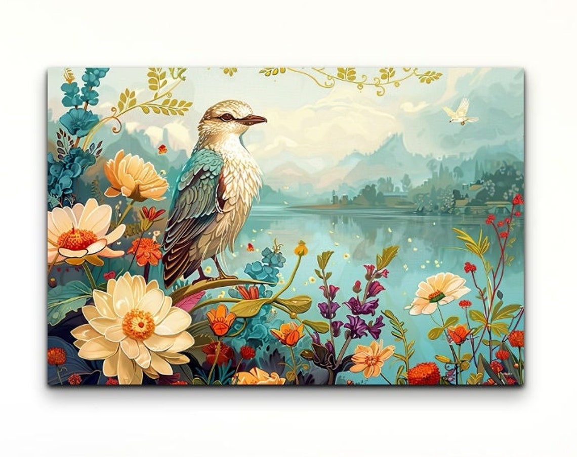 Songbird Perched Over Lakeside Wildflowers Botanical Bird Poster