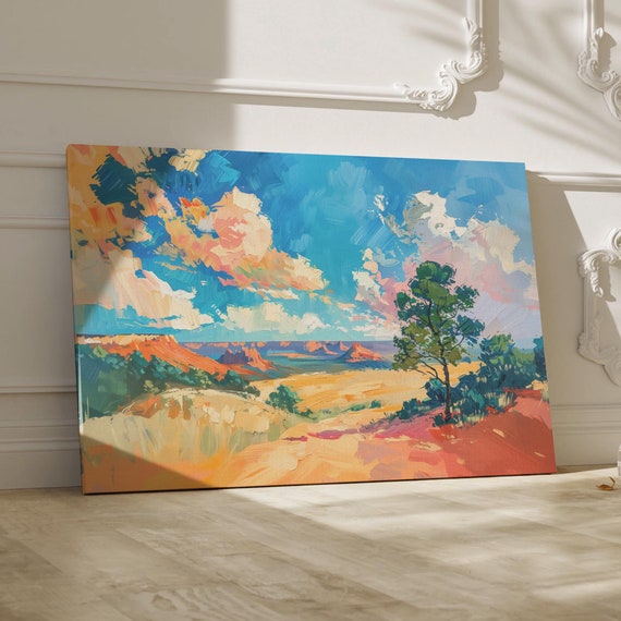 Vibrant Desert Landscape Print Bold Wall Decor For Nature Lovers Impressionist Art With Majestic Desert Sky