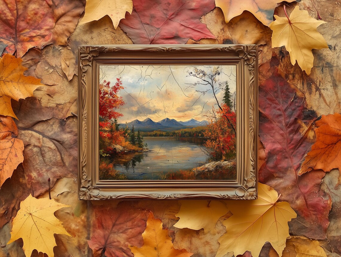 Autumn Mountain Lake Red Foliage Vintage Oil Painting Poster - Image 2