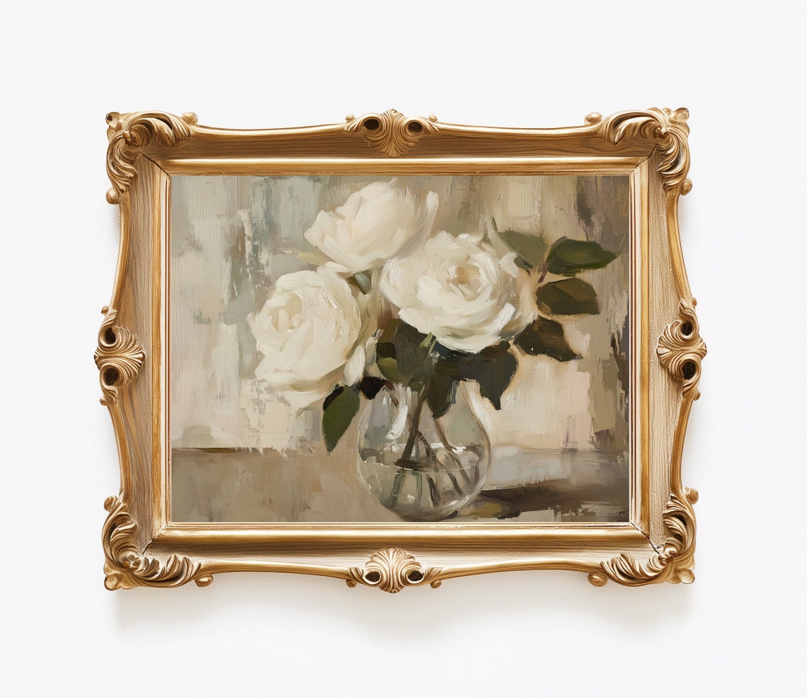 White Roses Glass Vase Muted Floral Still Life Painting Poster - Image 4