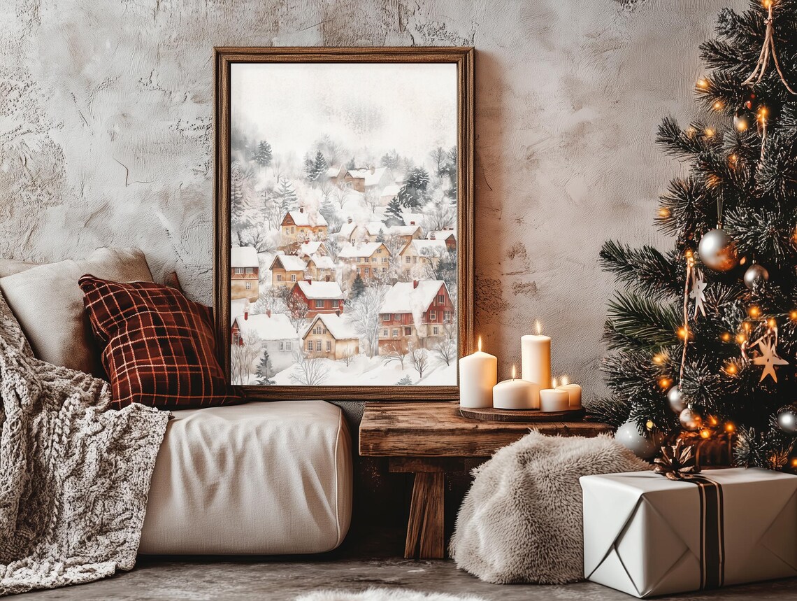 Snow Blanketed Village Falling Snow Red Brown Houses Winter Poster - Image 2