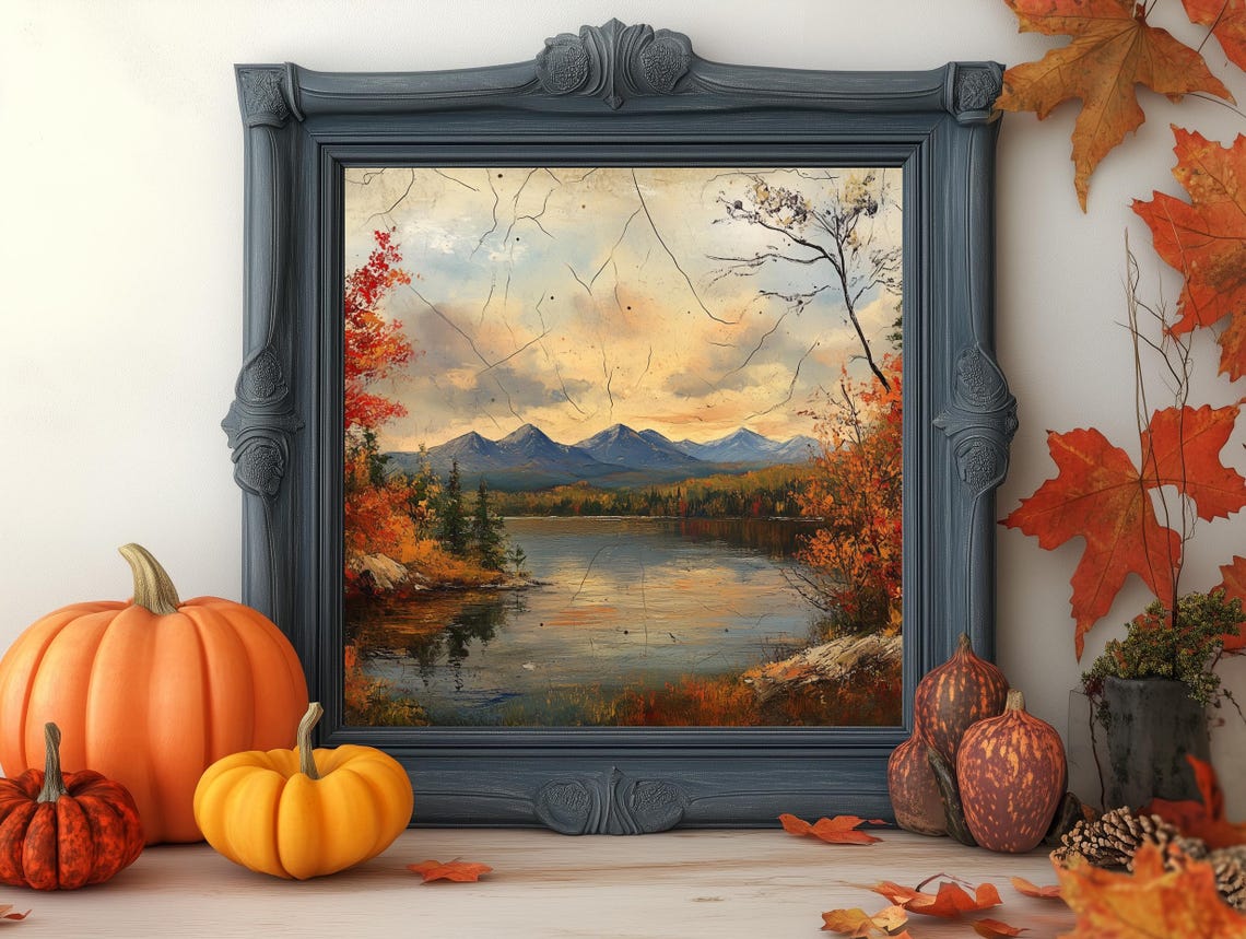 Autumn Mountain Lake Red Foliage Vintage Oil Painting Poster - Image 3