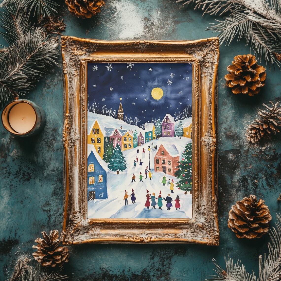 Pink Christmas Village Night Scene Moonlit Watercolor Holiday Poster - Image 2